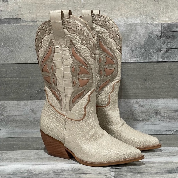 Steve Madden Women’s Wynter Leather Cowboy Boots - Bone Multi - Picture 3 of 15